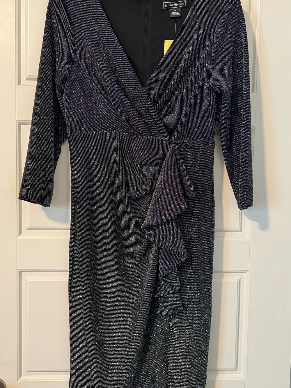 Jessica Howard Metallic Navy Wrap-Front Ruffle Midi Dress